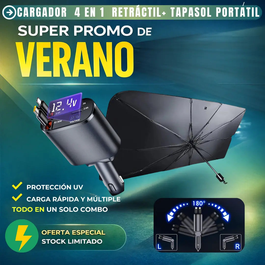 Combo Auto Todo en Uno - Cargador 4 en 1 + Tapasol Retráctil
